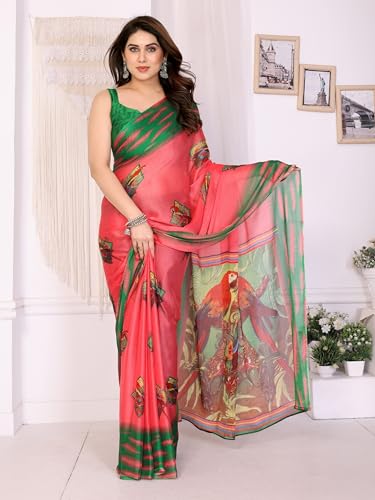 Image of SUPERLAXMI Women's Chiffon Floral Printed Saree with Blouse Piece