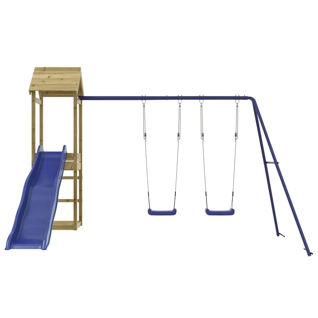 Torre da gioco in legno di pino impregnato con scivolo, doppia altalena e sabbiera, struttura da arrampicata per giardino, giocattolo per bambini dai 3 anni in su