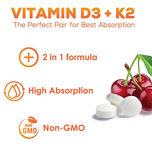 Vitamin D3 + K2 Supplement, 2 In 1 Formula With Mk-7 - High Potency Vitamin D & Vitamin K2 Mk7 Complex - Heart Health Support, Bone, Teeth & Immune Support, Non-Gmo - 60 Chewable Tablets #TOP4
