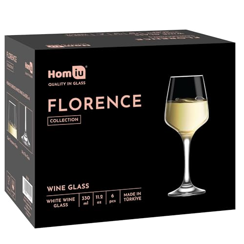 Homiu Large White Wine Glasses | Set of 6 | 330 ML | Crystal Wine Drinking Glass | Florence Collection | Party Wedding Gift Cocktail | Home Restaurants Kitchen Glassware | Dishwasher Safe