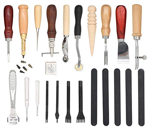 18Pcs Leather Stitching Working Tools kit Leather Craft Tools Perfect for Stitching Punching Cutting Sewing Leather Craft Making DIY Leathercraft Project Tools by Rain King