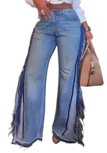 Tcremisa Womens Wide Leg Jeans High Waisted Baggy Jean Stretch Loose Fit Denim Pants Side Fringe Streetwear