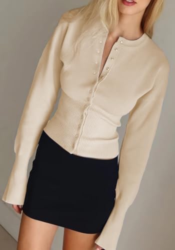 NRTHYE Womens Ribbed Knitted Crop Sweaters Button Down Long Sleeve Lightweigh Casual Short Cardigan Sweater Tops3