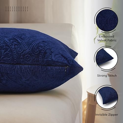 Image of Encasa XO Velvet Cushion Covers, No Inserts, Set of 2, Navy Blue | 24 inchx24 inch | Machine Washable | Soft & Durable | Hidden Zipper, Sofa Decor
