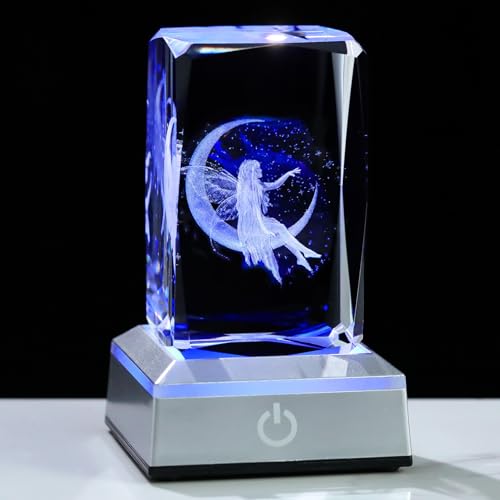 Image of 3D Crystal Cube Fairy Night Light Room Decor Paperweight Figurine Statue Gifts for Adults Girls - Engraved Glass Collectible Ornament Gifts for Fairy Lovers
