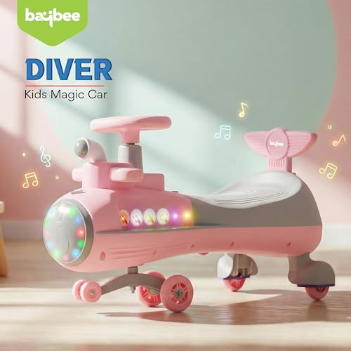Image of Baybee Diver Baby Swing Cars for Kids | Indoor Wiggle Push Baby car with Floor Lights | Twister Ride on Kids Car with RGB Lights, Music & Backrest | Magic Car for Kid 2 to 5 Years (Pink)