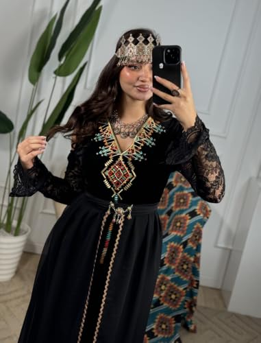 Robe Kabyle traditionnelle velours noir manches dentelle - 4
