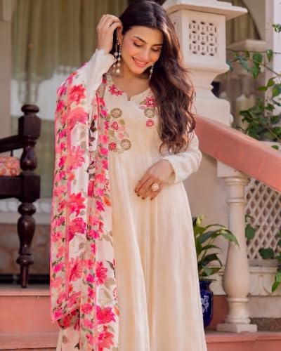 Image of KLOSIA Women's Anarkali Kurta Set with Floral Printed Dupatta | Embroidered Kurta Pant Set for Women | Cream Ethnic Wear | Festive, Wedding