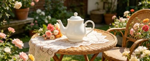 Image of White Porcelain Teapot, 2L Large Tea Pot Coffee Tea Water Pot Vintage Lotus Ceramic Gooseneck Kettle (72oz)