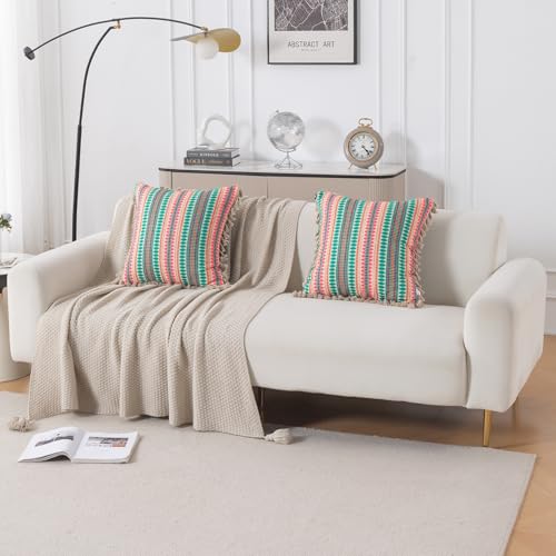 Image of HOKIPO 'Artisan Boho Series' Sofa Cushion Covers | 450 GSM Cotton Acrylic Jacquard | Tassel Design | 22x22 Inch (55x55 cm) | Pack of 2, Mint Green (IN-906-A7*2)