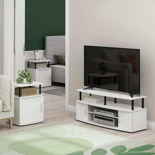 Image of Furinno Jaya Side Table Set of 2, 2-Tier Open Shelf End Table with Door Cabinet, Soft-Edges Night Stand, Bedside Table, for Living Room, Bedroom, White