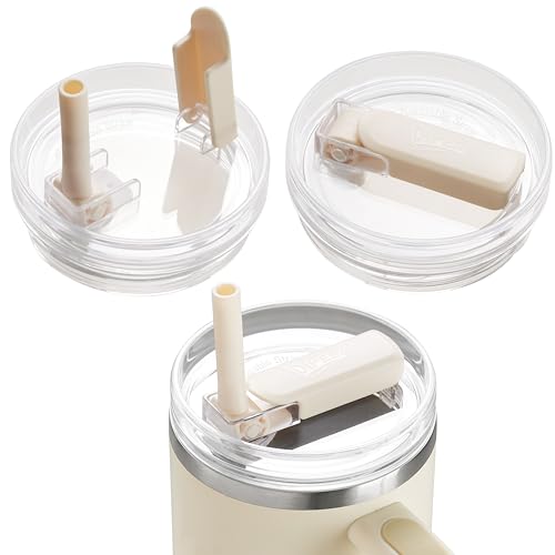 2Pack 40oz Tumbler Lid Replacement suit for Stanley Quencher cup, Flip Straw Spill Proof Leak Resistant Straw Cover, Dishwasher Safe Stanley Cup Accessories (2 Beige)