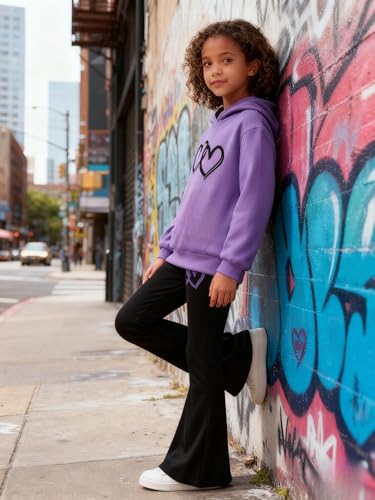 Image of 6-13 Years Girls Clothing Heart Print Hoodie Top + Heart Print Flare Leg Pants 2PC Clothing Set