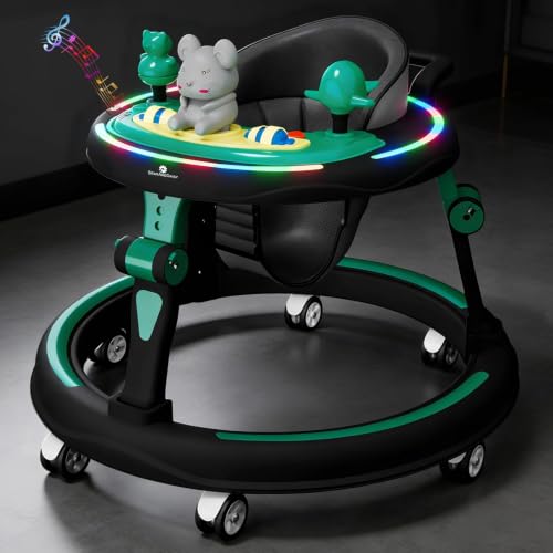 Image of StarAndDaisy Baby Walkers for 6-24 Month Baby boy 360 Walker for Kids for 6-24 Months with RGB Light, 7 Level Height Adjustment, Baby Walker with Switchable Food & Musical Toy Tray -Green Black