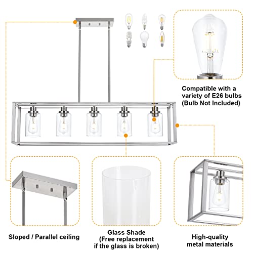 VINLUZ 5 Light Industrial Modern Dining Room Chandelier in Brushed Nickel Finish with Clear Glass Shade Classic Pendant Island Lighting Fixture for Living Room Bedroom - Image 5