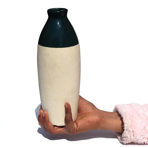 Image of Pure Source India Handcrafted Dark Green Ceramic Bottle-Shaped Flower Vase (9.75 Inches) for Home Decor, Living Room, Gifting, Decorative Small Vase (Flower NOT Included)
