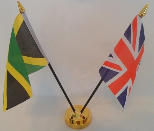 Jamaica Jamaican Union Jack 2 Flag Friendship Table Display With Gold Base