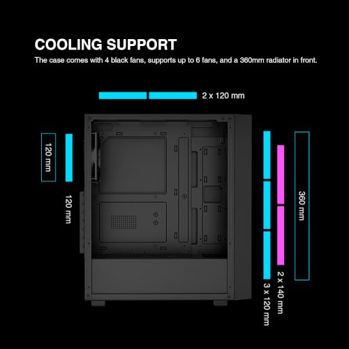 Image of Rosewill ATX Mid Tower Gaming Computer PC Case with Side Tempered Glass, Preinstalled 4 x 120mm PWM Fans, Support Up to 6 x 120mm Fans, 360mm AIO /Radiator, 340mm GPU /VGA, 160mm CPU Air Cooler - RWGC2