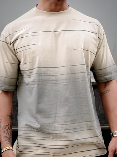 Image of Maniac Men Spray Print Round Neck 3 /4th Sleeve Beige and Grey Cotton Oversized T-Shirt