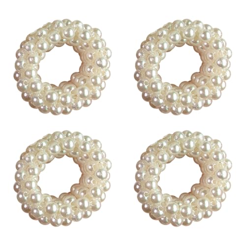 TOVINANNA 4pcs Medium Pearl Hair Ties Beaded Elastic Scrunchies Anti-slip Ponytail Holders Hair Bun Accessories for Women
