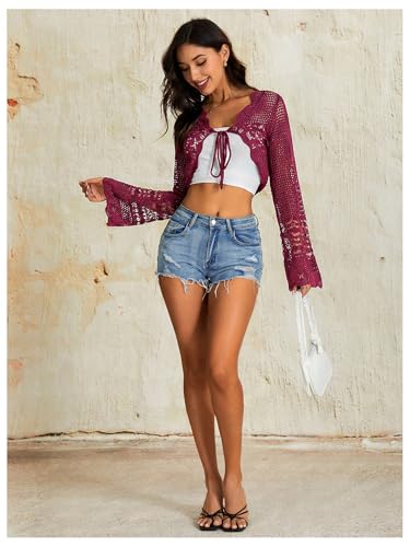 Image of OYOANGLE Women's Crochet Tie Front Sweater Cardigans Bell Sleeve Knitted Cropped Bolero Shrug Cardigan