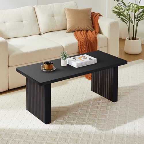 Image of Rectangular Fluted Coffee Table, Farmhouse Wood Coffee Table Mid Century Modern Center Table Boho Living Room Tables for Living Room Office (Black, 19.69 inch D x 43.3 inch W x 17.72 inch H)