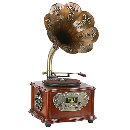 Tocadiscos tocadiscos vintage fonógrafo Bluetooth con bocina de cobre, altavoz integrado, entrada auxiliar de 3.5 mm, USB, radio FM