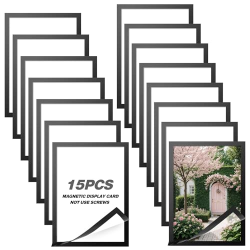 15Pcs A4 Magnetic Photo Frames, Self-Adhesive Poster Frame, Picture Frame with No Punching and Waterproof, Magnetic Suction with Photos, Posters, Certificates, Ideal for Home Decoration (Black)