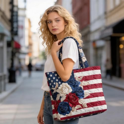 Bolso tote estampado bandera americana floral para mujer miniatura 3