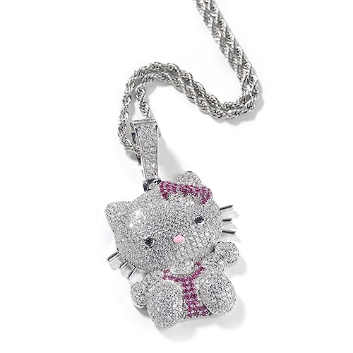 Sparkly Blingy 24-inch Rope Chain Iced-Out Cute Lovely Kitten Charm Pendant Necklace