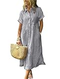 ebossy Women's Boho Striped Shirt Dress Button Up Side Slit Loose Mid Long Cotton Dress with Pockets (2XL, Grey)