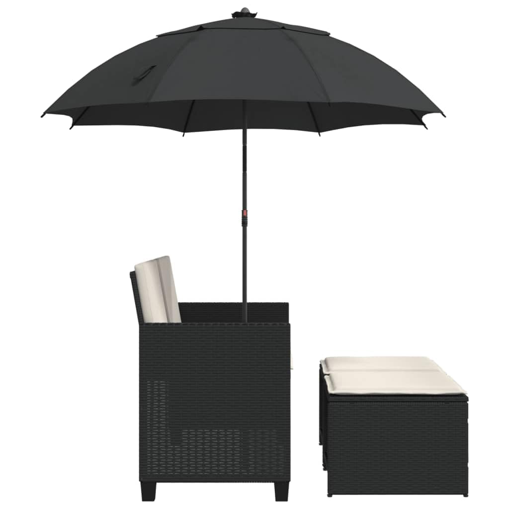 2-os. sofa ogrodowa z parasolem i stołkami, czarna, polirattan, komplet mebli tarasowych z poduszkami, stabilna stalowa rama, regulowany parasol, składane podnóżki, do na warunki atmosferyczne