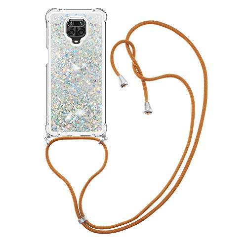 Custodia con Collana per Xiaomi Redmi Note 9S Brillantini Liquido Sabbie Mobili Bumper TPU Case con Cordino Cinturino Lanyard Cover per Note 9 PRO. LP Love Silver