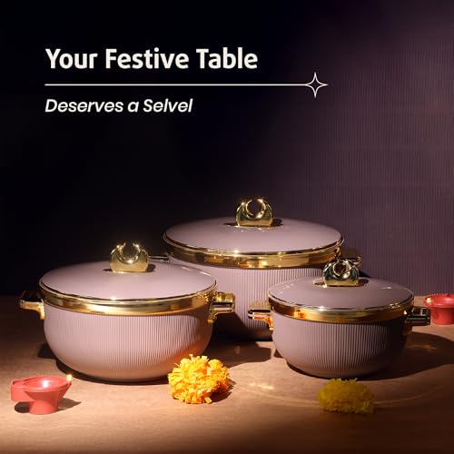 Image of SELVEL Royal Linex Casserole Collection | Insulated Hot Cases | Stainless Steel Inner | BPA-Free | Brown & Lime Green | (Royal Linex Casserole - Brown, Set of 3 (600ml+1200ml+1700ml))