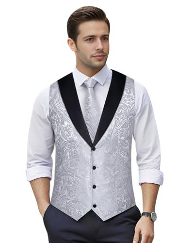 Image of DiBanGu Mens Paisley Suit Vest Silk Jacquard Waistcoat and Necktie Set Formal Shawl Collar Dress Vest 7PCS for Wedding Party