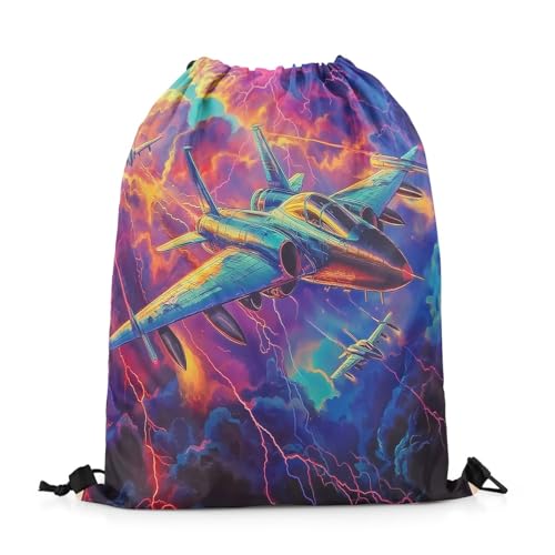 Erosebridal Jet Plane Drawstring Bags,Airplane Aviation Aircraft Drawstring Backpack 13x15.7 for Sport Gym Swim Yoga Camping Trip,Lightning Pattern Draw String Back Bag,Planes String Backpack