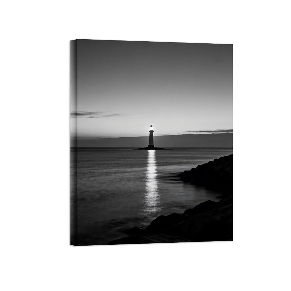 OZPWBVY Black and White Landscape Print Painting-Sea Lighthouse-Minimalist Canvas Wall Art Picture for Home Ready to Hang 24x31in 60x80cm Wrapped Canvas