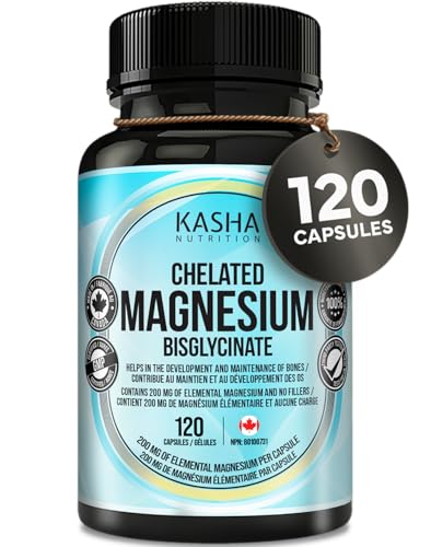 KASHA Nutrition Chelated Magnesium Bisglycinate / Glycinate - 200 mg of Elemental Magnesium | Proudly Canadian | Non-GMO, Vegan, Soy Free | Non-Habit Forming - Maintains Effectiveness over Long-Term. Appropriate for Daily Use. Vegetarian. (120 Count)