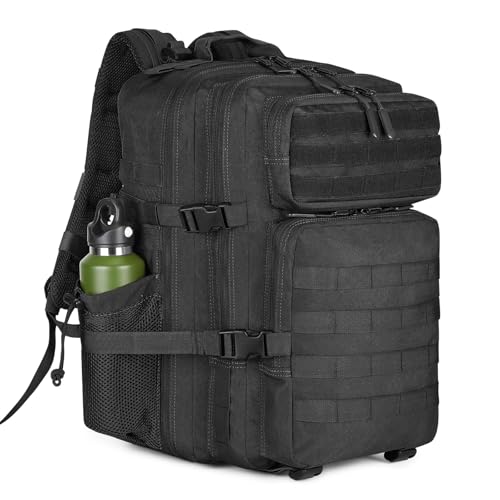 HUNTVP Tactical Backpack Mens, Military Backpacks 45L, Large Black Hiking Rucksack For Men Women, Molle Army Back Pack Bag, Travel Rucksacks For Camping Fishing Hunting Gym Motorcycle Sports
