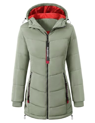 Yuson Girl Wintermantel Damen Warm Steppjacke Parka Lang Mantel Winter Jacke mit Kapuze Herbst Winter Steppmantel Outdoorjacke Elegant Kapuzenmantel mit Zipper, Tasche(Grün,...