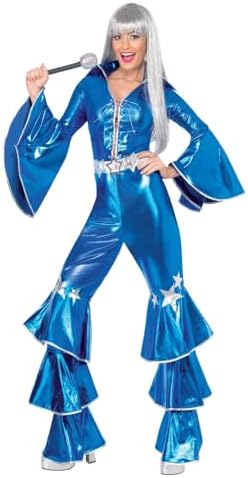 Smiffys 70s Dancing Dream Costume, Blue with Lace Up Jumpsuit, 1970's Disco Fancy Dress, Adult Dress Up Costumes