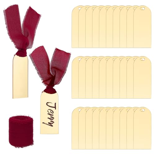 ORIGACH Lot de 30 cartes de placement vierges en acrylique avec rubans pour mariage, fête d'anniversaire, événements, décoration de table - Doré miroir -...