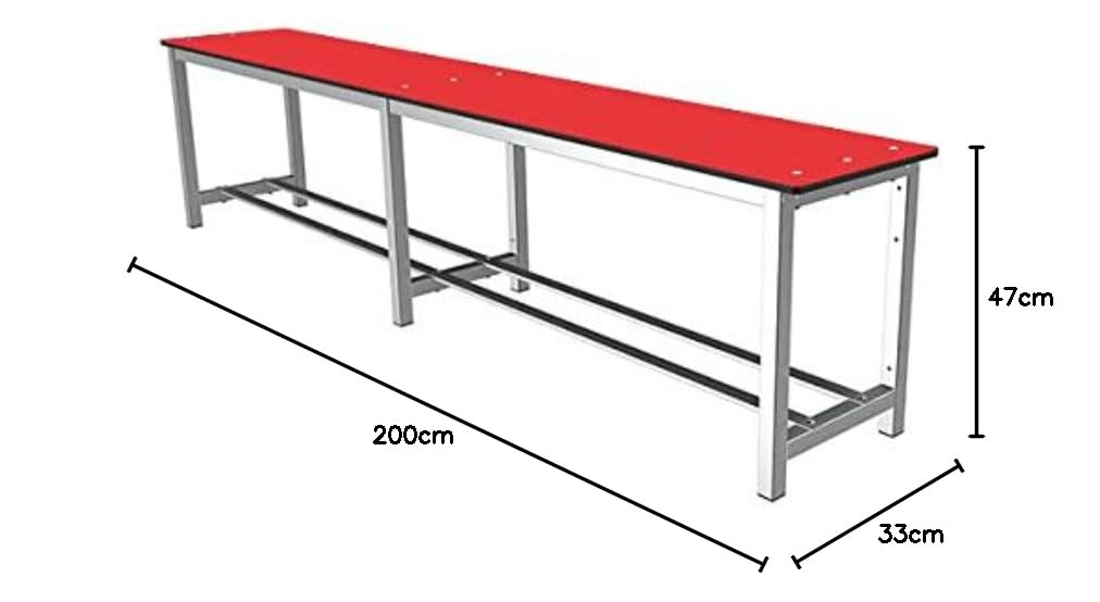 Banco Vestuario Desmontado. Estructura Metálica Gris - Asiento Fenólico Rojo. Dim: 480 mm x 2000 mm x 340 mm