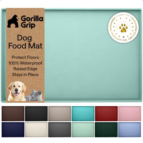 Image of GORILLA GRIP 100% Waterproof Raised Edge BPA Free Silicone Pet Feeding Mat, Dog Cat Food Mats Contain Spills Protects Floors, Placemats for Cats and Dogs Water Bowl, Pets Accessories 32x24 Mint