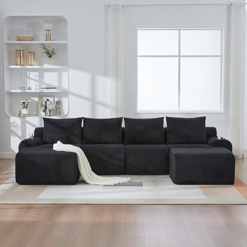 Zepneiy Canapé d'angle en U, Design modulaire, avec 2 Repose-Pieds Amovible, Canapé 4 Places avec Porte-gobelet et Poches de Rangement latérales, Convient...