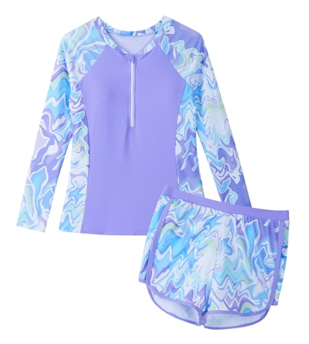 Image of Happy Cherry Girls Two Piece Rash Guard Swimsuit Floral UPF 50+ Swim Set Summer Beach Swimwear 8-12T