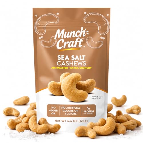 Munch Craft Sea Salt Cashews - (Pure &amp; Simple) – Crunchy Air-Roasted Nuts, Oil-Free – No Artificial Colors or Flavors – 4.4 oz (125g) Resealable Bag