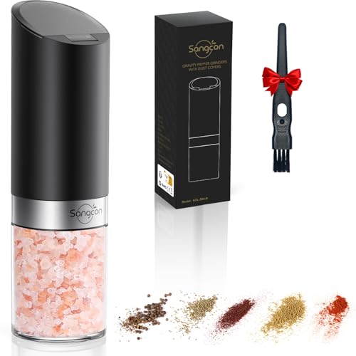 Sangcon Molinillo pimienta eléctrico de gravedad, por pilas 4AAA con azul luz LED, Con cubierta antipolvo integrada, grano ajustable, 1 unidad(Negro)