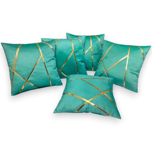 Image of Zikrak Besur Gold Stripe On Velvet|Pack of 5 Cushion Cover|for Home Decoration|Living Room Decor|Hotel Premeuim Qulaity Cushion Cover|Exclusive ON Amazon (Aqua, 18 X 18 INCH(45 X 45 CM))