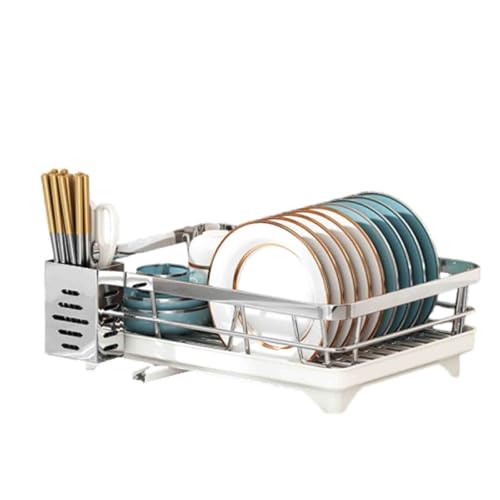 Escurridor de platos de 2 niveles sobre fregadero con bandeja de goteo, soporte para cubiertos y cesta extraíble, escurridor de platos de acero inoxidable que ahorra espacio para encimera de cocina